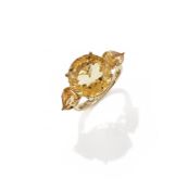 A CITRINE THREE STONE RING