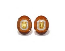 A PAIR OF TIGER'S EYE, YELLOW SAPPHIRE AND DIAMOND EARRINGS