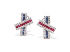 A PAIR OF RUBY, SAPPHIRE AND DIAMOND EARRINGS