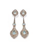 A PAIR OF AQUAMARINE AND DIAMOND PENDENT EARRINGS