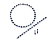 A SAPPHIRE AND DIAMOND NECKLACE, BRACELET AND EARRING SET
