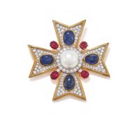 TRIO, A GEM SET MALTESE CROSS BROOCH
