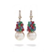 A PAIR OF CULTURED PEARL AND GEM SET PENDENT EARRINGS