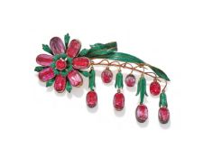 AN ANTIQUE AND LATER TOPAZ AND ENAMEL FLORAL SPRAY BROOCH