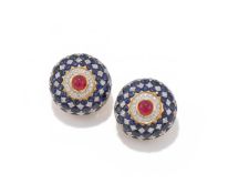 A PAIR OF RUBY, SAPPHIRE AND DIAMOND EARRINGS