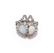 AN OPAL AND DIAMOND DOUBLE HEART BROOCH/PENDANT
