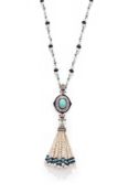 A FRESHWATER CULTURED PEARL, SAPPHIRE, DIAMOND AND TURQUOISE TASSEL NECKLACE
