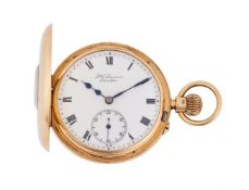 J. W. BENSON, LONDON, AN 18 CARAT GOLD KEYLESS WIND HALF HUNTER POCKET WATCH