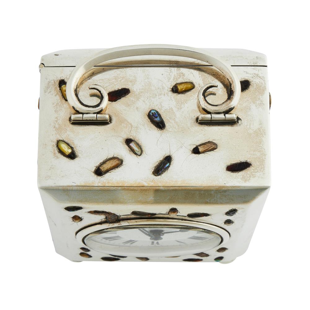 Y A RARE GEORGE V SHIBAYAMA INSECT DECORATED SILVER CARRIAGE TIMEPIECE - Image 5 of 7