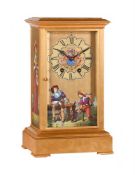 A FRENCH GILT BRASS MANTEL CLOCK INSET WITH FINE PORCELAIN PANELS