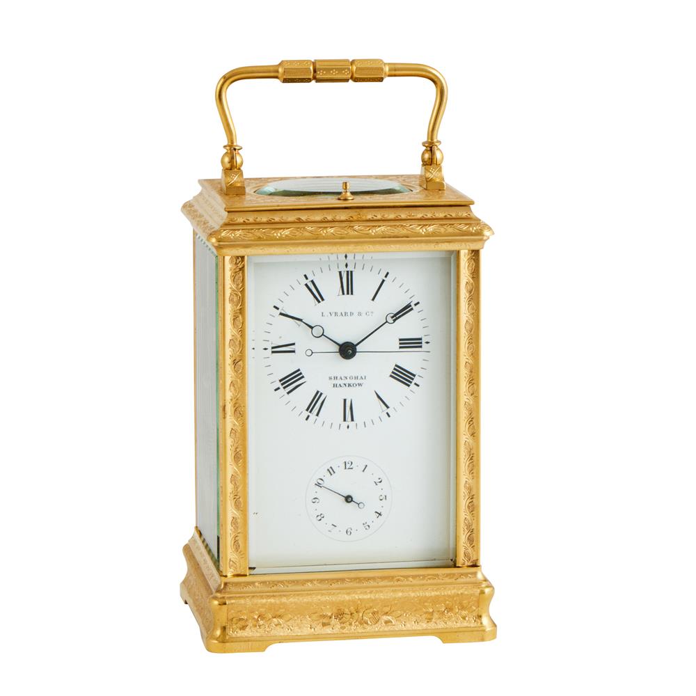 A FRENCH ENGRAVED GILT CENTRE-SECONDS REPEATING ALARM CARRIAGE CLOCK MADE FOR THE CHINESE MARKET