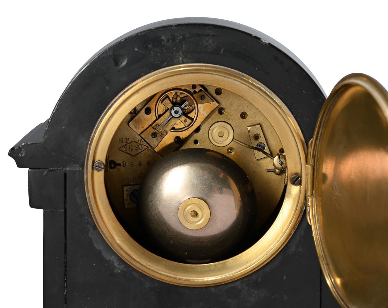 A FRENCH SMALL MALACHITE INSET BELGE NOIR MARBLE MANTEL CLOCK WITH ANEROID BAROMETER AND THERMOMETER - Image 2 of 2