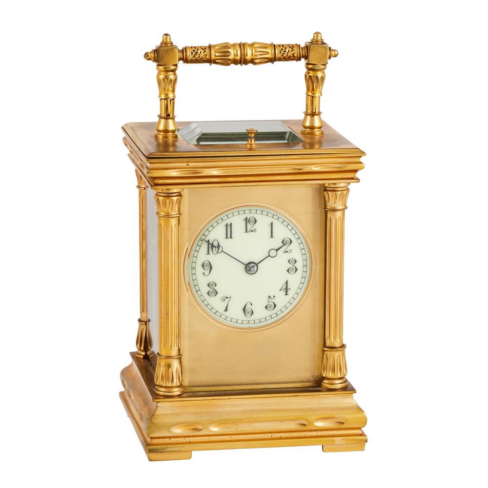 A FRENCH GILT BRASS CARRIAGE CLOCK WITH PUSH-BUTTON REPEAT