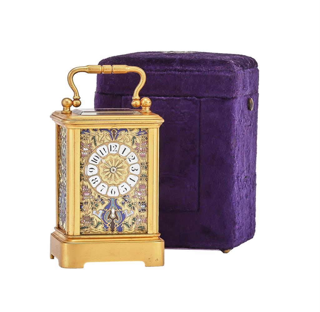 A FRENCH GILT BRASS AND CLOISONNE ENAMEL PANEL MINIATURE CARRIAGE TIMEPIECE