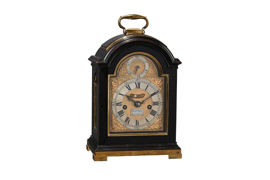 A GEORGE II SMALL BRASS MOUNTED EBONISED BRACKET/TABLE CLOCK WITH PULL-QUARTER REPEAT ON TWO BELLS - Image 1 of 5