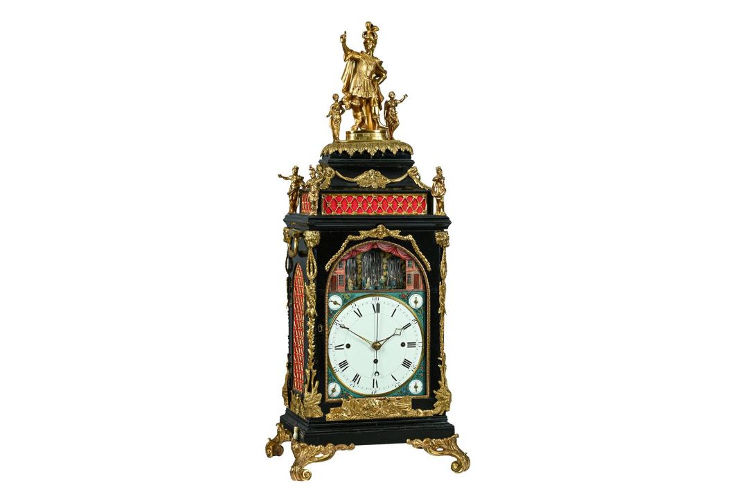 AN IMPRESSIVE GEORGE III GILT METAL MOUNTED MUSICAL AUTOMATON CENTRE SECONDS CALENDAR TABLE CLOCK - Image 1 of 7