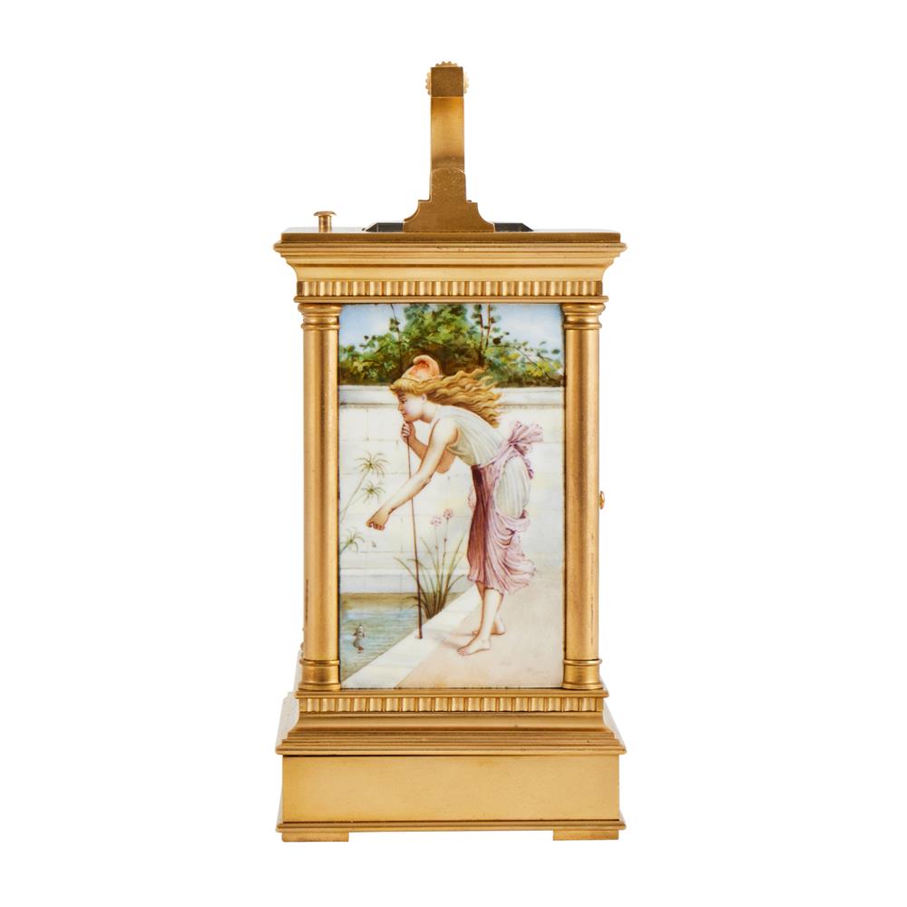 A FRENCH GILT ANGLAISE CASED REPEATING CARRIAGE CLOCK WITH FINE FIGURAL PAINTED PORCELAIN PANELS - Image 3 of 5