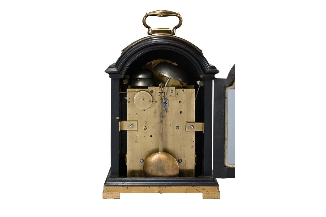 A GEORGE II SMALL BRASS MOUNTED EBONISED BRACKET/TABLE CLOCK WITH PULL-QUARTER REPEAT ON TWO BELLS - Image 2 of 5