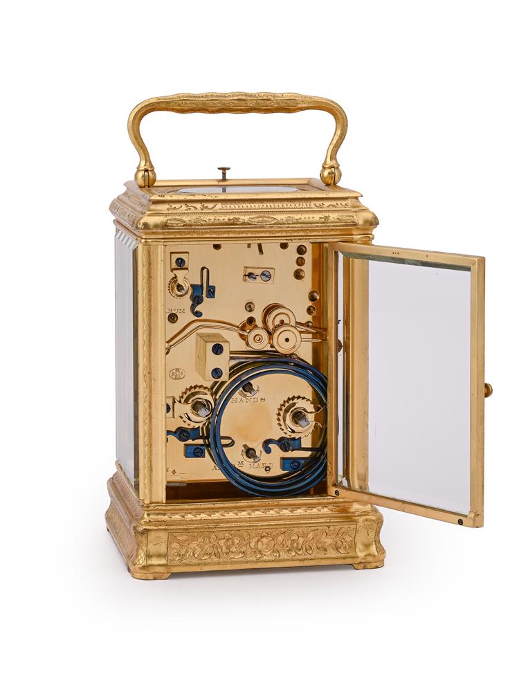 A FINE FRENCH ENGRAVED GILT BRASS GORGE CASED GRANDE-SONNERIE STRIKING ALARM CARRIAGE CLOCK - Image 2 of 4