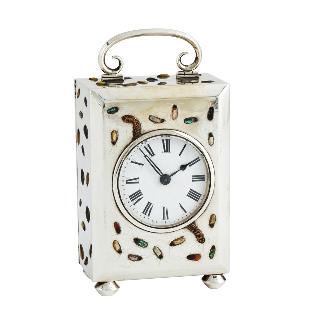 Y A RARE GEORGE V SHIBAYAMA INSECT DECORATED SILVER CARRIAGE TIMEPIECE