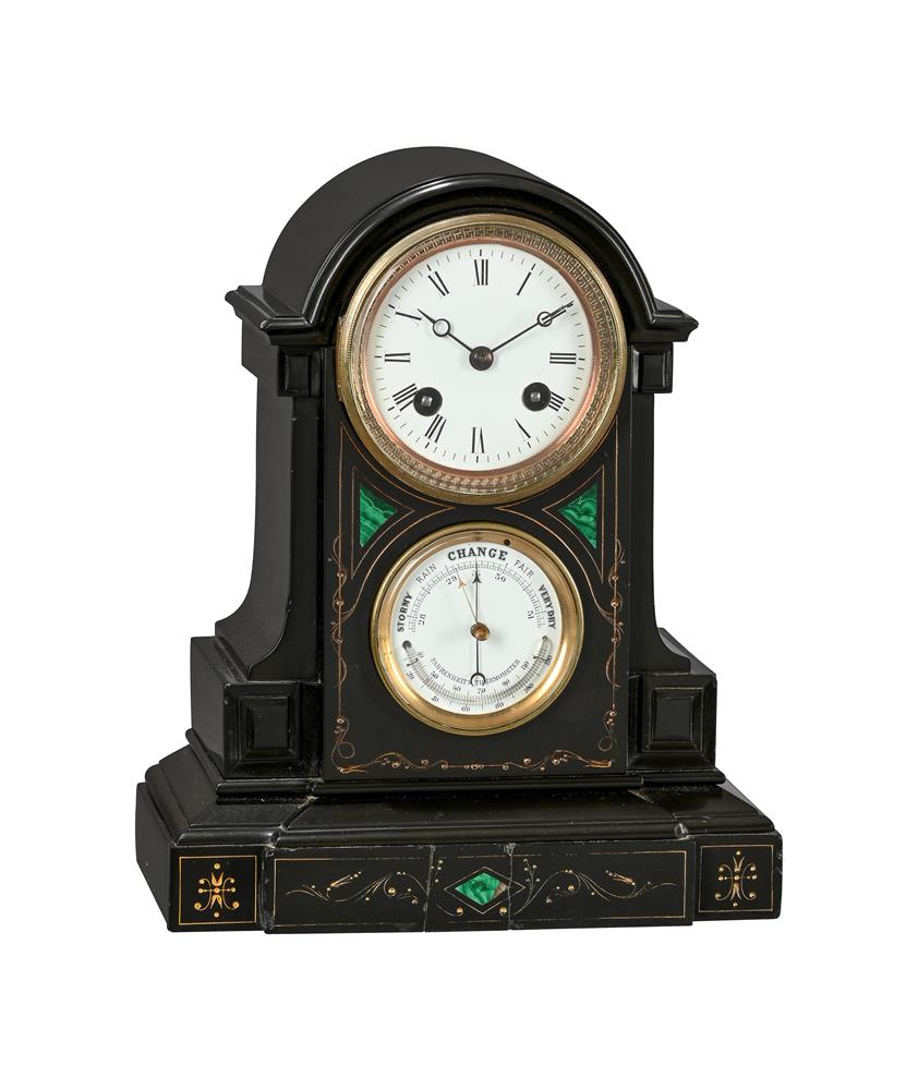 A FRENCH SMALL MALACHITE INSET BELGE NOIR MARBLE MANTEL CLOCK WITH ANEROID BAROMETER AND THERMOMETER