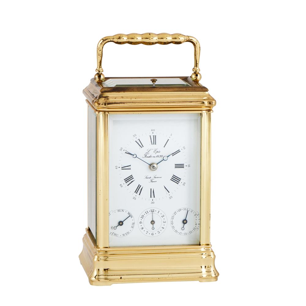 A FRENCH/SWISS LAQUERED BRASS GORGE CASED CALENDAR CARRIAGE CLOCK WITH PUSH-BUTTON REPEAT AND ALARM