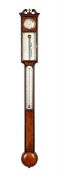 Y A FINE GEORGE III EBONY BANDED MAHOGANY MERCURY STICK BAROMETER WITH HYGROMETER