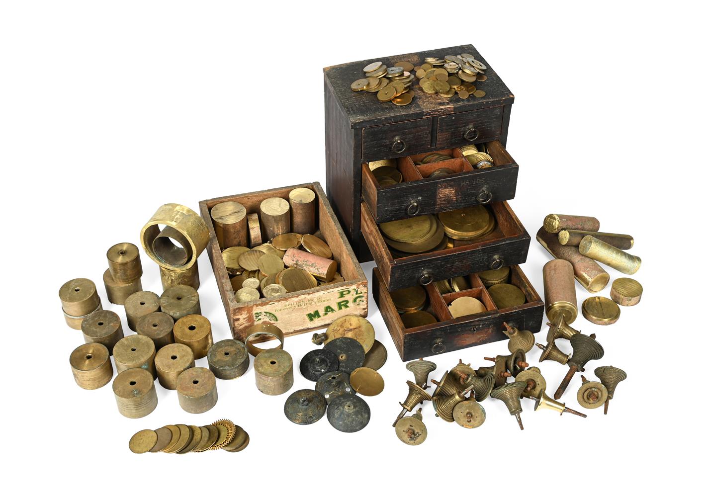 A COLLECTION OF FUSEES, SPRING BARRELS AND YELLOW BRASS WHEEL BAR STOCK FOR USE IN CLOCK RESTORATION