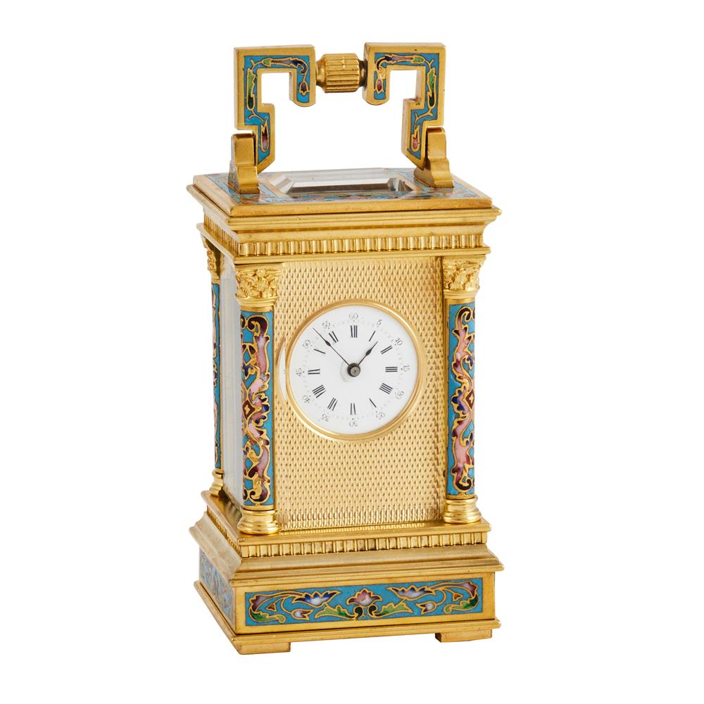 A FINE FRENCH CLOISONNE ENAMELLED MINIATURE ANGLAISE RICHE CASED CARRIAGE TIMEPIECE