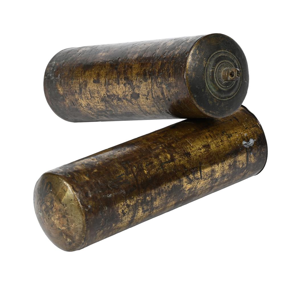 A PAIR OF BRASS-CASED EIGHT-DAY CLOCK WEIGHTS