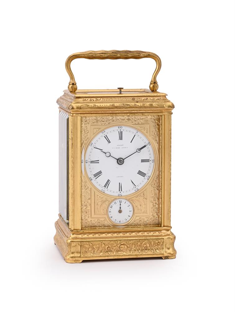 A FINE FRENCH ENGRAVED GILT BRASS GORGE CASED GRANDE-SONNERIE STRIKING ALARM CARRIAGE CLOCK