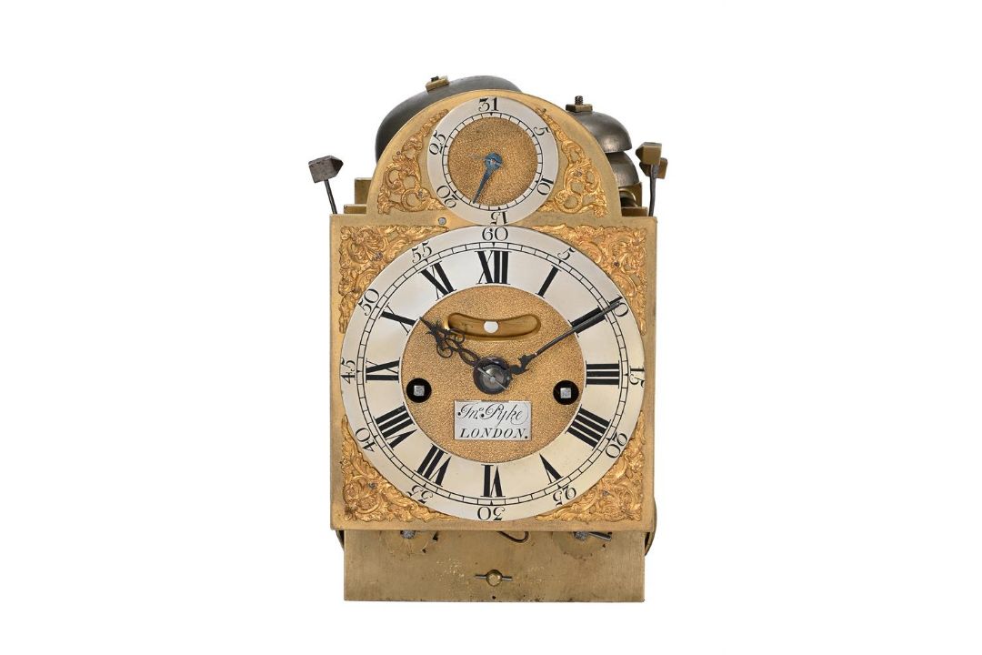 A GEORGE II SMALL BRASS MOUNTED EBONISED BRACKET/TABLE CLOCK WITH PULL-QUARTER REPEAT ON TWO BELLS - Image 3 of 5