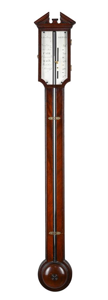 Y A GEORGE III CHEVRON-BANDED MAHOGANY MERCURY STICK BAROMETER