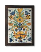 A GROUP OF TWELVE SPANISH MAIOLICA FLOOR TILES MOUNTED IN TWO GROUPS OF SIX, IN A MODERN PANEL