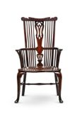 A GEORGE II WALNUT, ELM AND FRUITWOOD HIGH BACK THAMES-VALLEY WINDSOR ARMCHAIR, CIRCA 1750
