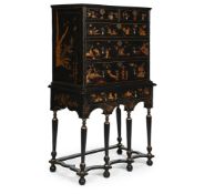 A BLACK LACQUER AND GILT JAPANNED CHEST ON STANDCIRCA 1710 AND LATER163cm high