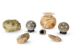 HARDSTONE AND NATURAL HISTORY: A selection including: A carved limestone fragment