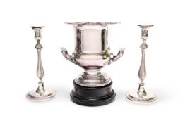 A PAIR OF LATE GEORGE III SILVER PLATED CANDLESTICKS, CIRCA 1800-1820