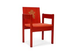 A RED PAINTED ASH LAMINATE PRINCE OF WALES INVESTITURE CHAIR