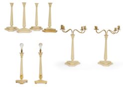 A GROUP OF CREAM PAINTED OUTDOOR LIGHTING