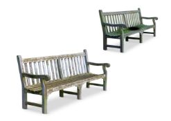 A PAIR OF LARGE GARDEN BENCHES WITH SLATTED BACKS, MODERN