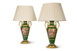 A LARGE PAIR OF DERBY PORCELAIN GREEN GROUND TWO HANDLED VASES ADAPTED AS LAMPS