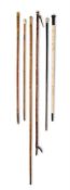 WALKING STICKS AND A GADGET STICK TO INCLUDE: A Victorian iron mounted bamboo book grabber