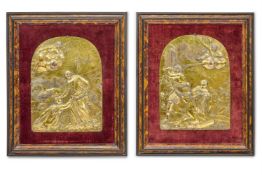 A PAIR OF GILT COPPER PLAQUES WITH MARTYRS, PROBABLY SAINT PLACIDUS AND SAINT MAURUS