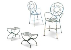 A PAIR OF WIREWORK CHAIRS & TWO SIMILAR X-FRAME STOOLS, LATE 20TH CENTURY