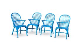 A SET OF FOUR BLUE PAINTED WINDSOR ARMCHAIRS, MODERN