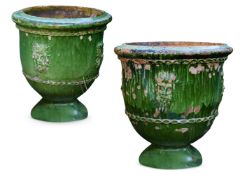 A LARGE PAIR OF FRENCH ANDUZE GLAZED TERRACOTTA GARDEN URNS, PROVENCE
