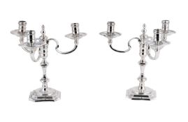 A PAIR OF SILVER THREE LIGHT CANDELABRA