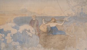 Charles Conder (1868-1909), Two figures overlooking an idyllic coastal landscape, watercolour on …