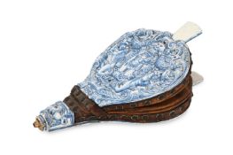 A RARE PAIR OF FRENCH FAIENCE POTTERY BELLOWS, CIRCA 1730 TO 1740